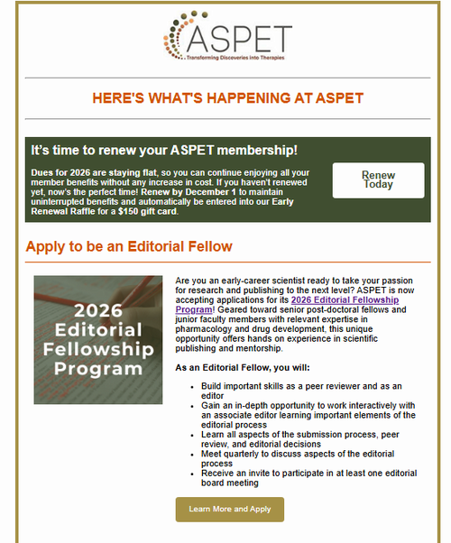 خبرهای این هفته از ASPET: فراخوان برنامه کمک‌هزینه تحریریه، بورسیه سفر ASPET 2026 و سایر فرصت‌ها!