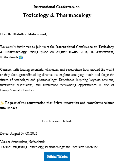 دعوت از دکتر محمد عبداللهی برای حضور در کنفرانس بین‌ المللی Toxicology & Pharmacology 2026 در آمستردام