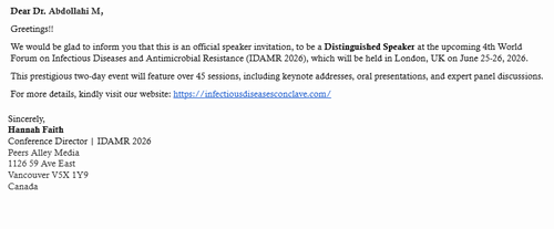 دعوت از دکتر محمد عبداللهی به‌ عنوان سخنران ممتاز در چهارمین مجمع جهانی بیماری‌های عفونی و مقاومت میکروبی ۲۰۲۶